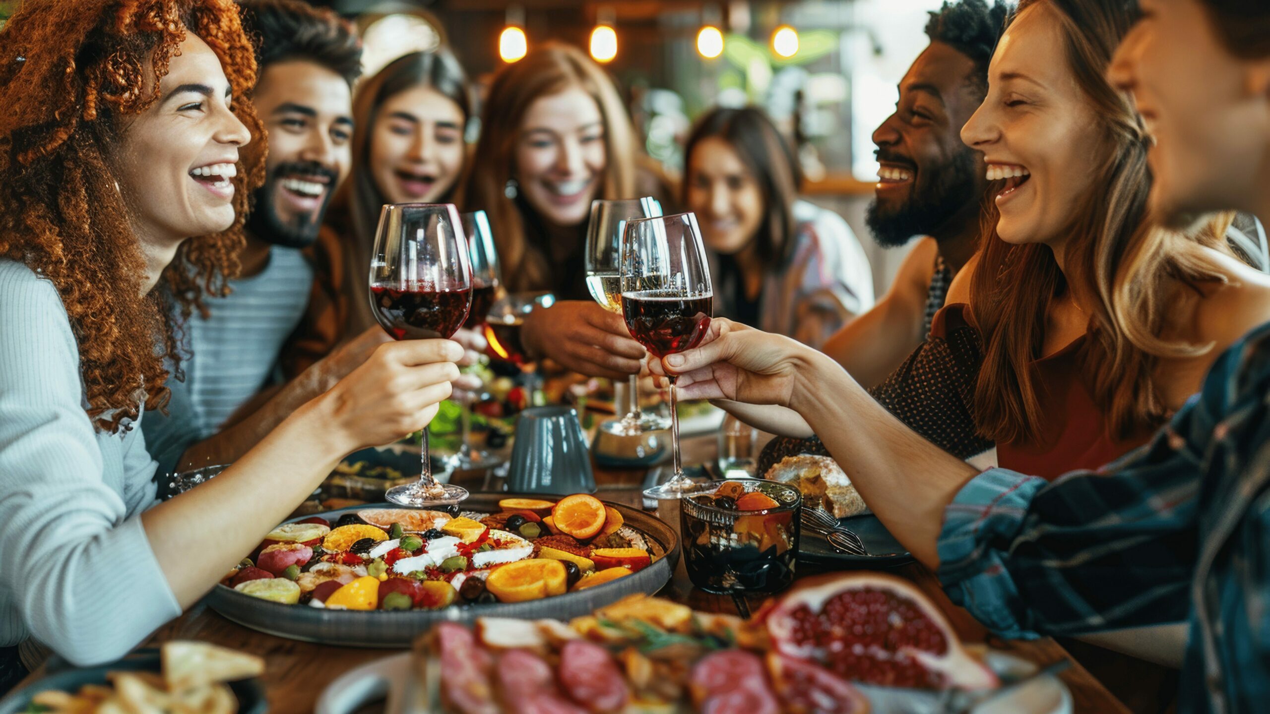 Friends enjoying red wine at a restaurant Multiracial group having fun dinner party on a patio