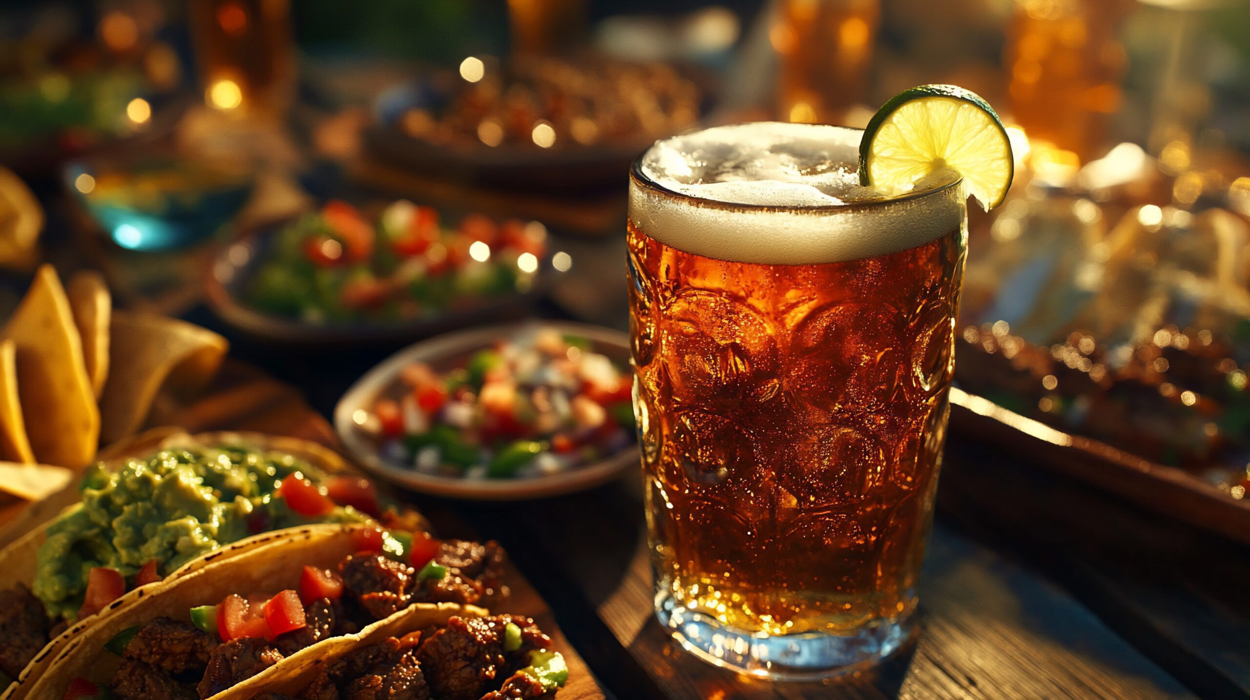 Beer glass on table with Mexican food, outdoor dining at sunset, for restaurant use